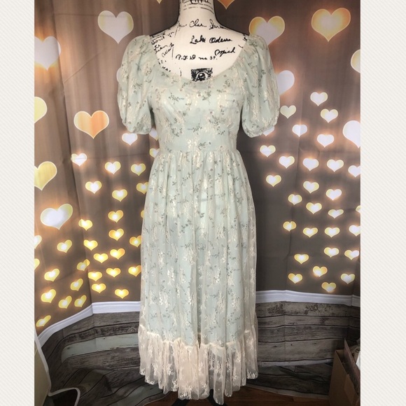 Dress Floral lace combo puff sleeve elegant womens green ruffle - Picture 7 of 16